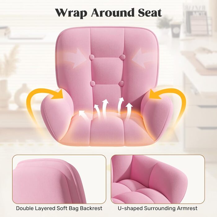 Крісло для дому та макіяжу 2-в-1, ергономічне, обертове на 360°, регульоване по висоті, для робочого кабінету або спальні (без подушки, Рожеве)