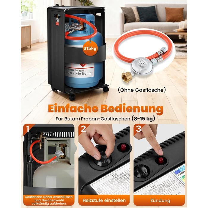 Газовий обігрівач Cooltop 4200W з керамічним нагрівачем, для дому, на бутан/пропан, без балончика, з регулятором та шлангом (чорний)