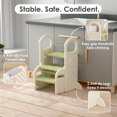 Триттхокер Hoopyosms для дітей, 2/3-рівневий, регульована висота, складаний, з поручнями, антиковзаюча поверхня, для ванної та кухні, підходить для малюків (зелений)
