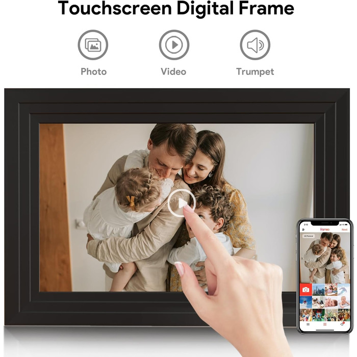 Цифровий фоторамка Aorpdd 10.1 дюйма з Wi-Fi, HD IPS-сенсорний екран, 32 ГБ пам'яті, автоматичне обертання, Frameo App для обміну фото та відео, чорний
