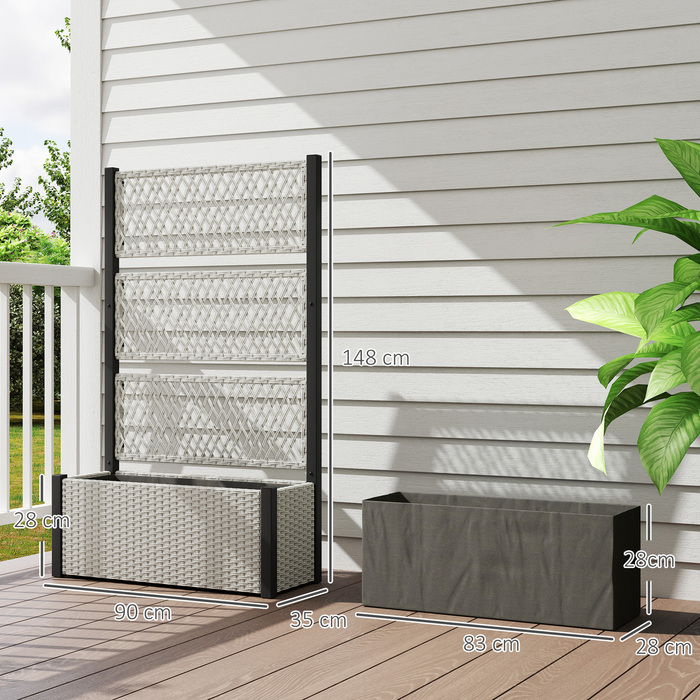 Підвищене грядка з опорою для ліан у стилі ротангу, квітник/ящик для рослин з підпірками, 90 x 35 x 148 см, сірий
