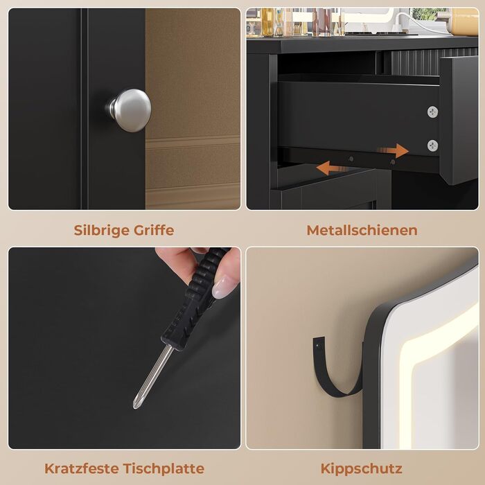 Великий туалетний столик AOGLLATI з великим дзеркалом та регульованою LED-підсвіткою. Косметичний столик з розетками, 3 висувними ящиками та 2 шафками. Сучасний туалетний столик для спальні (білий/чорний)