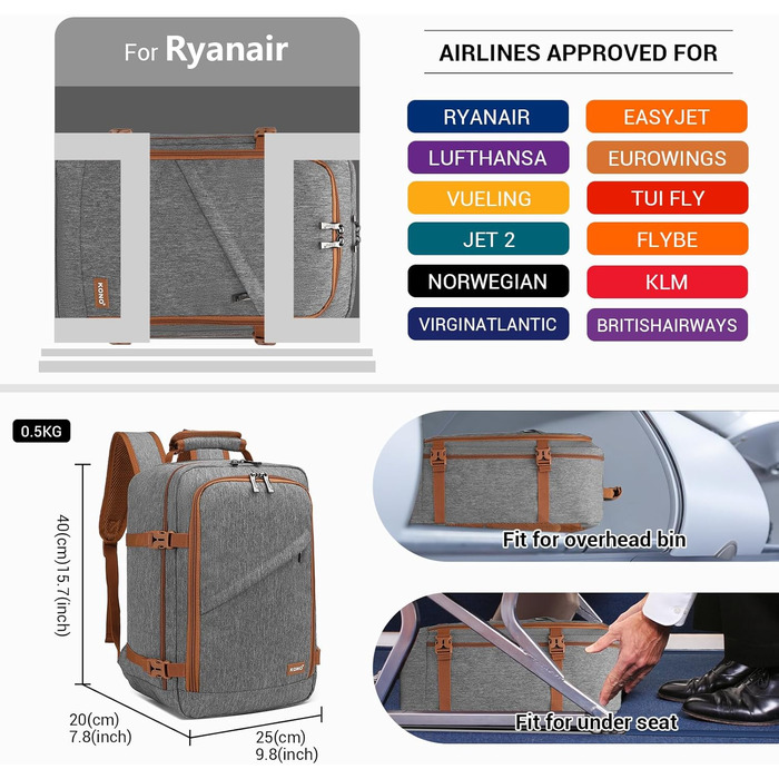 Кабінний рюкзак Kono 40x20x25 см для Ryanair, 20L, сірий/коричневий