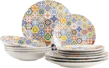 Серія Amarante, столовий сервіз на 12 предметів для 4 осіб зі спеціальним декором з плитки, набір тарілок для супу, обідніх тарілок і десертних тарілок з барвистим орнаментом, керамограніт