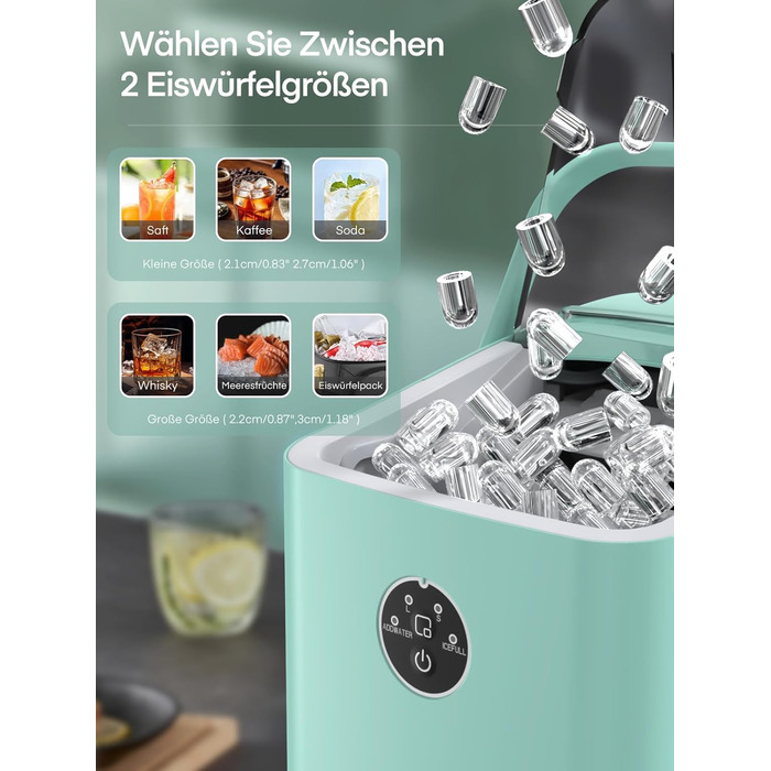 Льодогенератор FOHERE 14 кг/добу, швидке виробництво льоду (5 хв), 2 розміри кулеподібного льоду, самоочищення, м'ятний колір