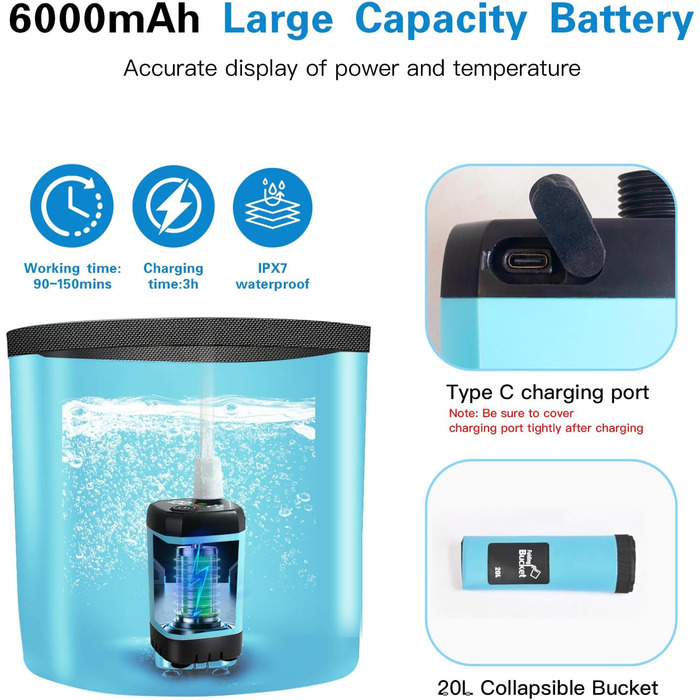 Портативна душова кабіна для кемпінгу з насосом, акумулятор 6000mAh, 2м шланг, цифровий дисплей, для саду, пляжу, тварин, миття авто