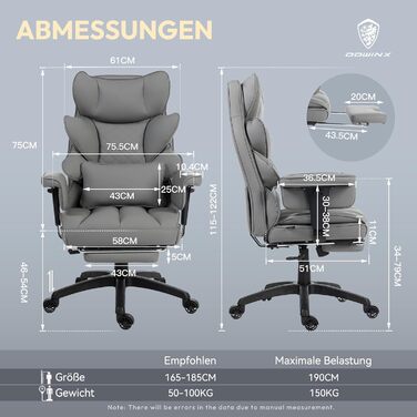 Ігровий крісло Dowinx, офісне ергономічне крісло з кишеньковим пружинним сидінням, крісло для начальника з подвійною м'якою спинкою, регульовані підлокітники та підставка для ніг, комп'ютерне крісло, PU, сірий колір