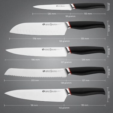 Набір кухонних ножів Grossman Bryant Messerblock 5-piece – набір з 5 ножів з нержавіючої сталі, чорні ручки, підставка з дерева, колір мідно-коричневий, антиковзне покриття
