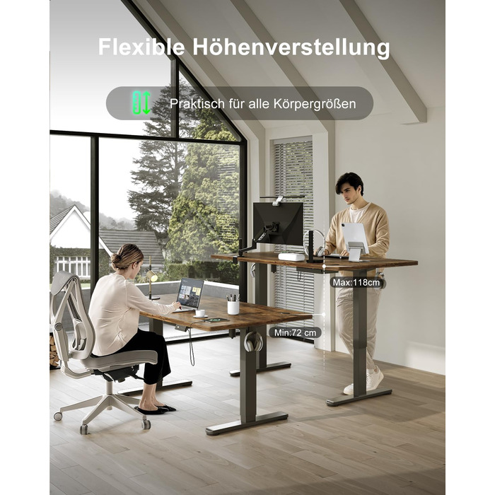 Регульований стіл Devoko 200x80 см з USB-C, електричний, мобільний, з органайзером для кабелів, білий/вінтажний коричневий