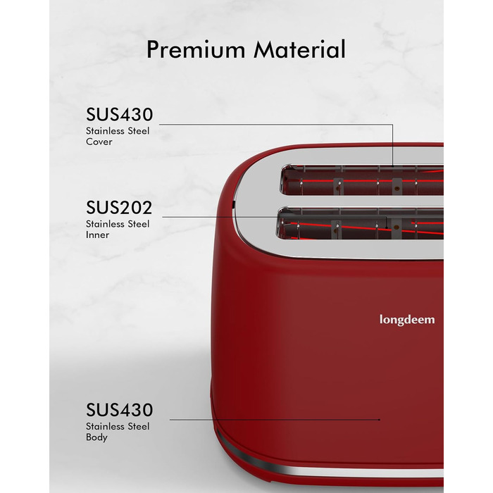 Тостер на 2 слоти, надзвичайно широкі отвори, 6 рівнів обсмажування, автоматичне вимкнення, сріблястий (червоний)