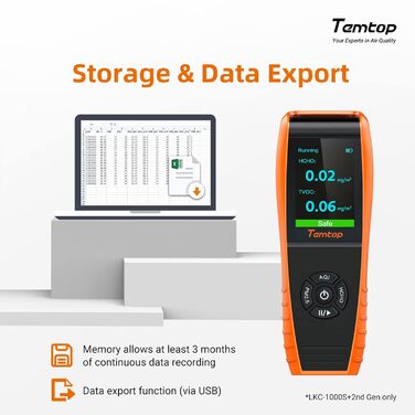 Детектор якості повітря Temtop LKC-1000S+ для дому: формальдегід, HCHO, TVOC, PM2.5, PM10, AQI, експорт даних