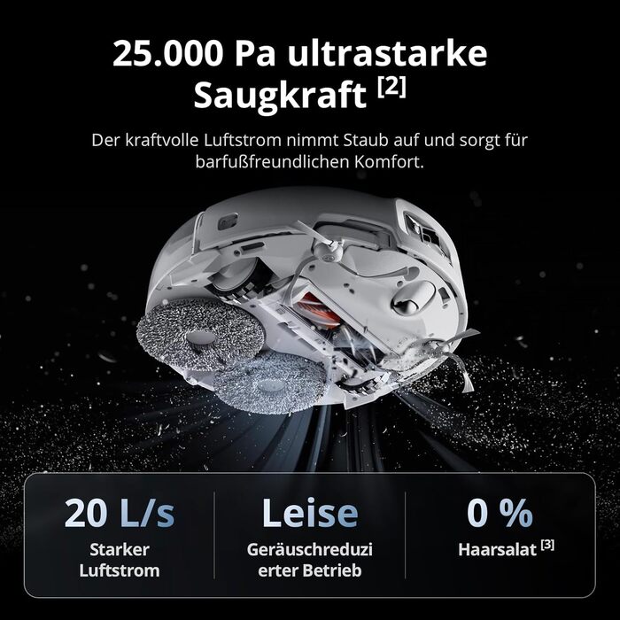 Робот-пилосос DJI ROMO S з функцією миття підлоги, 25000 Па потужність всмоктування, розпізнавання перешкод рівня дрона, два роботизовані руки, 200 днів без обслуговування, автоматичне очищення та сушіння моп-насадки (DJI ROMO P (версія з баком для води))