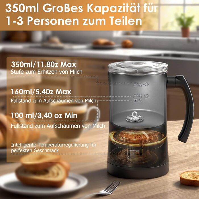 Електричний пінощікач для молока 400W, 350мл, нержавіюча сталь, 4 режими, для капучино, лате, макіато, гарячого шоколаду, для дому, офісу, як подарунок