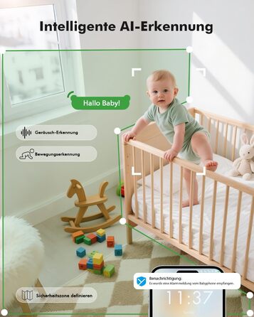 Відеоняня з камерою 1080P HD PTZ 360° та Wi-Fi: монітор для немовлят з додатком, нічним баченням, 4x Zoom, детекцією руху/звуку, двостороннім аудіо, автотрекінгом та сповіщеннями | 8SM