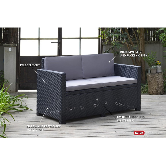 Диван садовий Allibert Victoria 2-місний, ротанг, сірий, з подушками, 129x63x77 см