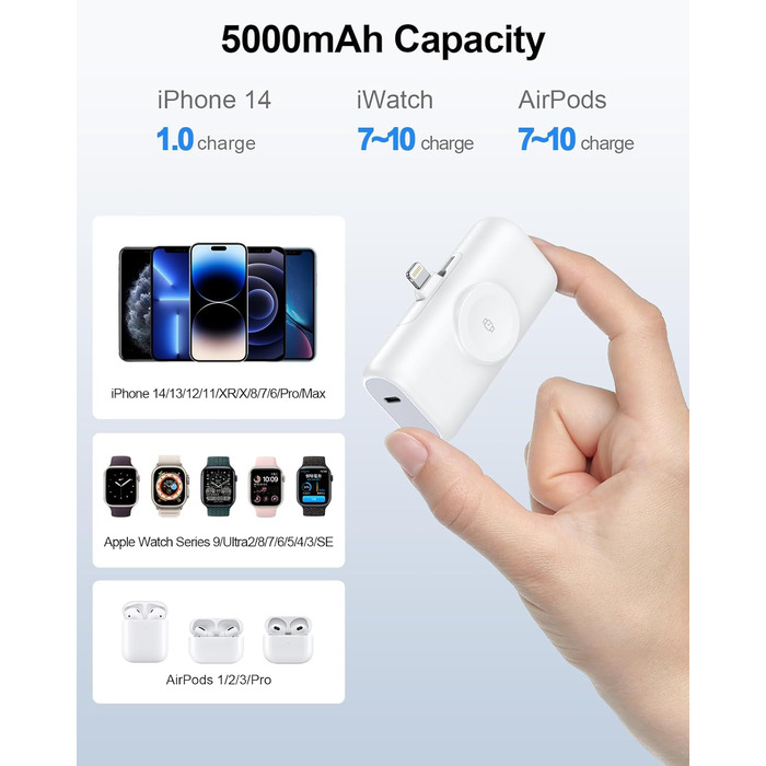 Для iPhone та iWatch, швидка зарядка, сумісний з iPhone 14/13/12/11/XR/X/8, 5000mAh