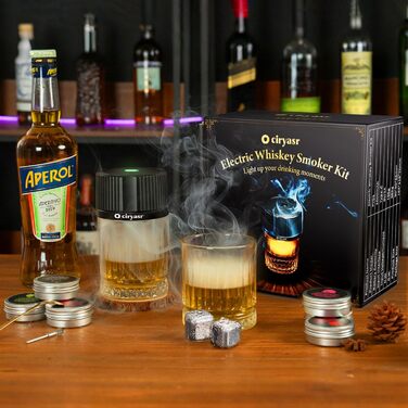 Набір для копчення віскі CIRYASR, електричний, без бутану, з 6 смаками дерев'яної стружки, 2 віскі-стоуни, RGB-підсвічування, подарунок для чоловіків, батька, чоловіка (з 2 склянками)