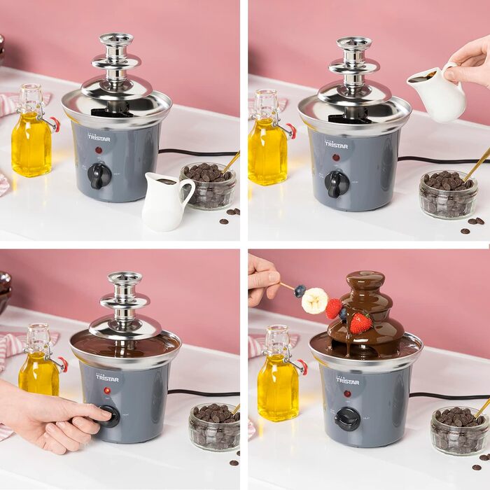 Шоколадний фонтан Tristar CF-1603 з нержавіючої сталі, 3 рівня, 0,4 л, функція підігріву, 32 Вт