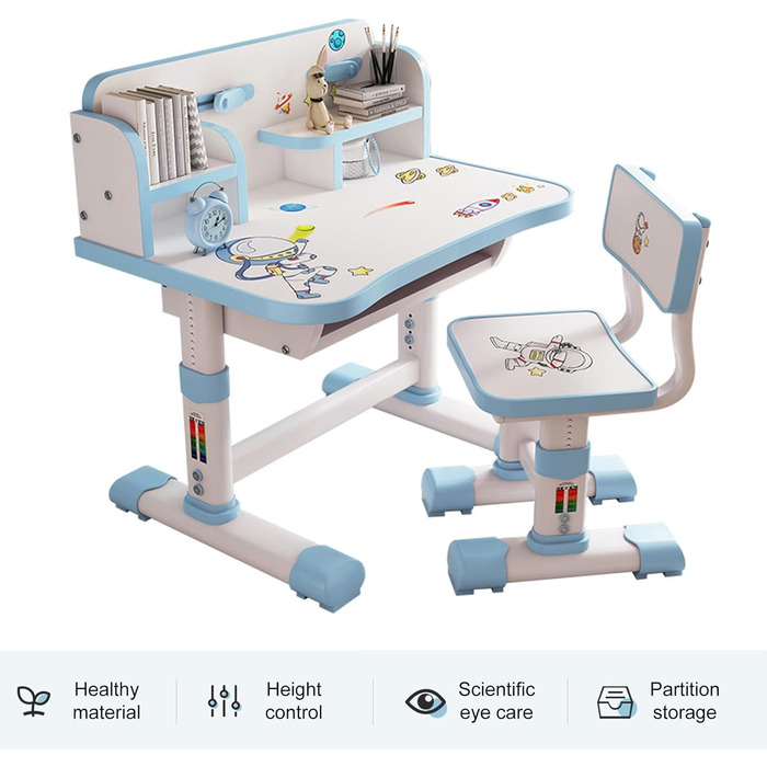 Набір дитячих письмових стільців, регульований по висоті, з підставкою для книг і зберіганням (білий/рожевий, білий/блакитний)