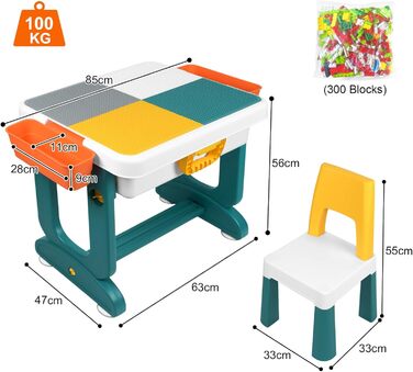 Дитячий стіл 5-в-1 з кріслами: ігровий стіл, навчальний стіл з місцем для зберігання та кубиками. Версія A