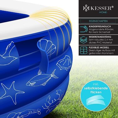 KESSER® Надувний сімейний басейн для дітей та дорослих, 305x183x56 см, 1180 л, дитячий басейн для саду, зливні отвори, блакитний