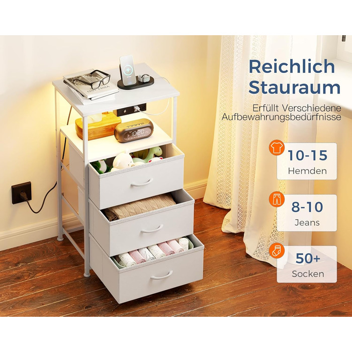 Приліжкова тумбочка Coleshome біла з розеткою, 2 USB, LED-підсвіткою, 3 висувними ящиками та місцем для зберігання, 40x30x70 см