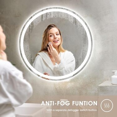 Дзеркало для ванної кімнати Dripex круглої форми з підсвічуванням LED, сенсорне керування, регулювання яскравості, 3 кольори світла, запобігання запотіванню, 50x50 см