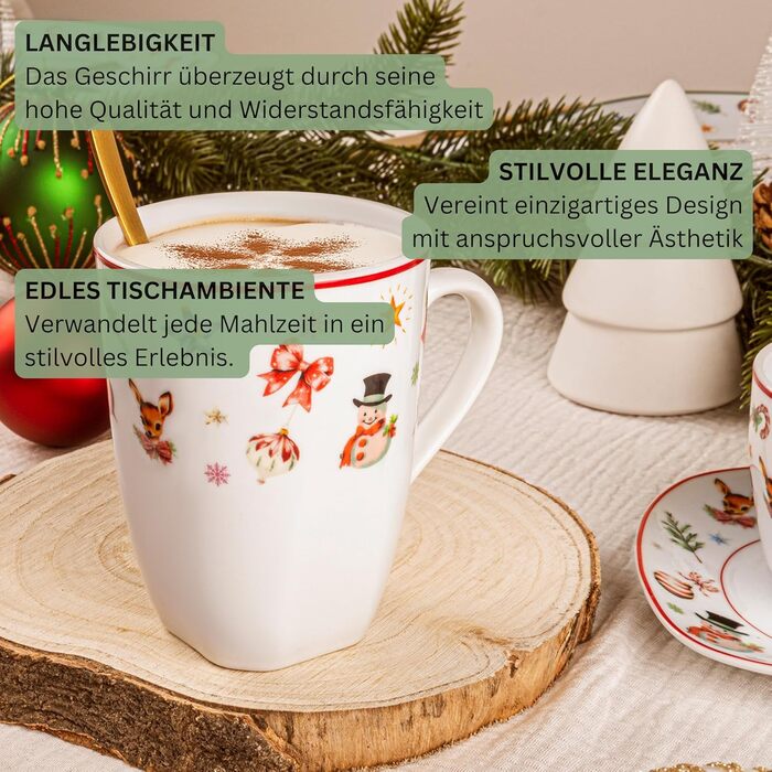 Набір кавових чашок SÄNGER Bilgola Christmas Design (6 шт.) з порцеляни, 350 мл | Преміум якість, для 6 осіб, придатні для миття в посудомийній машині