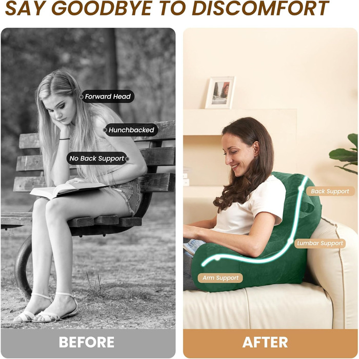 Подушка для читання та відпочинку в ліжку для дорослих, з підлокітниками, зелена