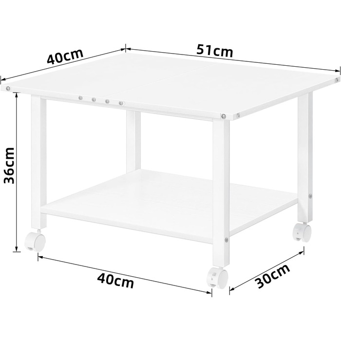 Стіл для принтера LELELINKY з колесами, мобільний двоярусний стійка для принтера, білий, 52.5 x 40 x 36 см
