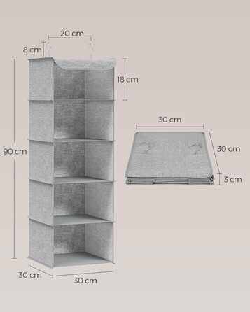 Підвісний органайзер SONGMICS, складний, компактний, металеві гачки, бамбукові вставки, текстура, схожа на льон, світло-сірий