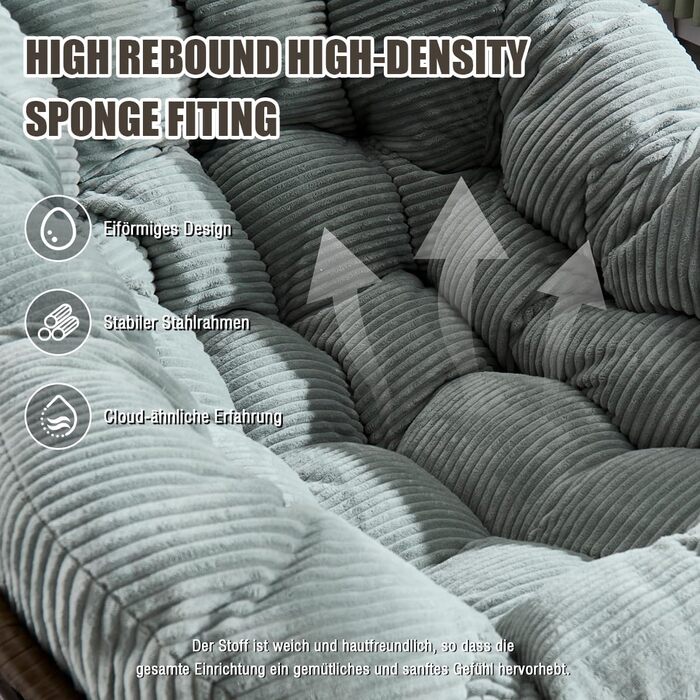 Крісло-гойдалка LIFEISLE з ротангу, крісло-шезлонг для дому та саду, крісло-гойдалка у формі яйця для вітальні, балкону, саду, на вулиці та в приміщенні, Cord White, білий (тканина Cord, світло-зелений)