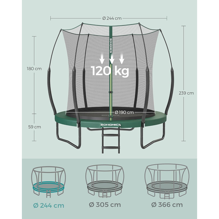 Батут SONGMICS для дітей вуличний Ø244/305/366 см, з захисною сіткою, еластичними тросами та стійками з скловолокна, зелений