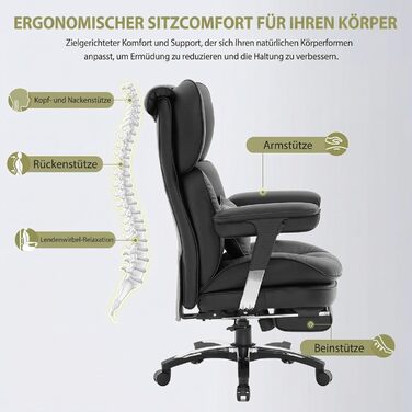 Ергономічне офісне крісло Efomao з PU шкіри для дому та офісу, 200 кг, з підставкою для ніг та підтримкою попереку, чорне