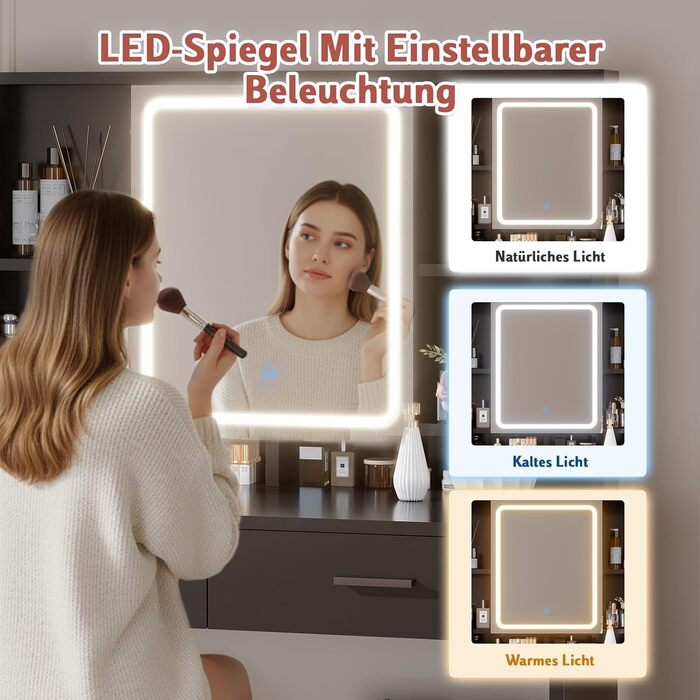 Дзеркальний туалетний столик JUMMICO з LED-підсвічуванням, 2 шухляди, 4 полиці, білий (чорний)