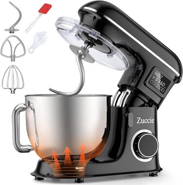 Кухонна машина 1500W 8L з 6 швидкостями, функцією ферментації та LCD-дисплеєм. В комплекті міксер, гак для тіста та вінчик. Чорний колір.
