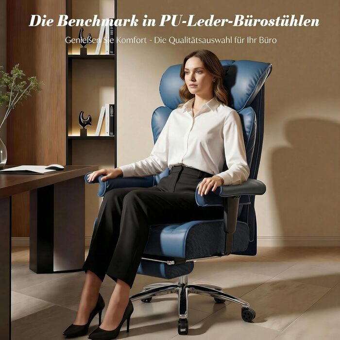 Офісний стілець Efomao XXL 200 кг з підставкою для ніг, штучна шкіра, висока спинка, регульовані підлокітники, підтримка попереку, сірий - для дому та офісу