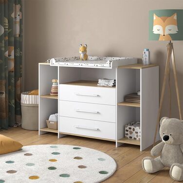 Комод-ліжечко Vicco Oskar з пеленальним столиком, сірий, 143 x 100 см XL з ящиками, білий/сірий (білий/золотий дуб)