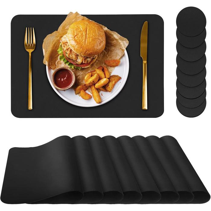 Набори серветок на стіл (6 шт.) чорного кольору, водонепроникні, підставки під тарілки, серветки для дітей, осінні серветки, серветки зі штучної шкіри, підставки під тарілки (Чорний, розмір 38,8)