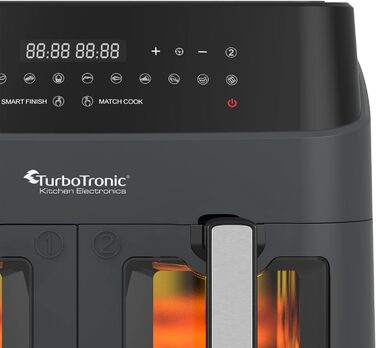 Подвійна фритюрниця TurboTronic XXL 1600 Вт / 9 л (2 шт. 4.5 л камера) 10 програм Цифрова фритюрниця без жиру Масло Подвійна фритюрниця Потужність фритюрниці (сірий)