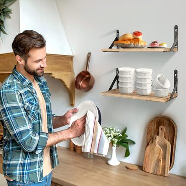 Набір настінних дерев'яних полиць Uten у рустикальному стилі з тримачем для рушників, 2 шт., світло-коричневий — для ванної кімнати, кухні, вітальні та спальні