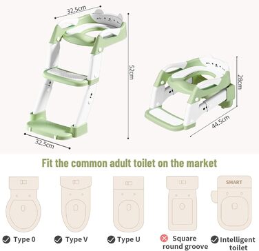 Дитячий унітаз-сходи 3-в-1 з ручками, регульована висота, зелений. Тренажер для привчання до туалету, складаний сидіння.