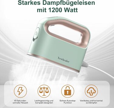 Праска з парою Newbealer 1200W: компактна, для подорожей, 3 режими, швидкий нагрів 45с, зелена