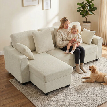 Кутовий диван з реверсивною чашею, 3-місний диван з оксамитовою оббивкою, широке та глибоке сидіння, пружинні подушки, Бежевий