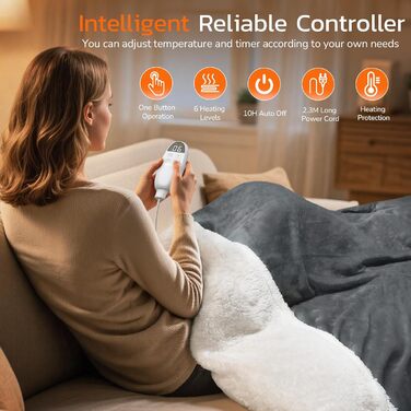 Електрична ковдра PRANITE 180x130 см з Sherpa та Flanell, 6 режимів нагріву, таймер 10 годин, автовимкнення, захист від перегріву, пральна - сіра для ліжка та дивана 130 x 180 см