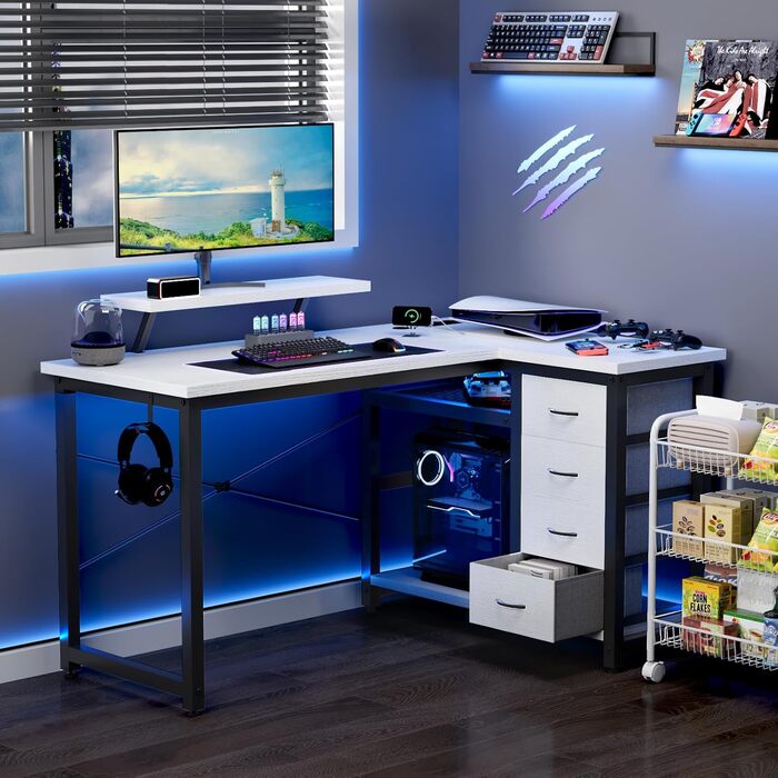 Комп'ютерний стіл L-подібний Devoko з 4 ящиками з тканини, 2 розетками та 2 USB-портами, для дому та офісу, ігор, білий, 140x80 см