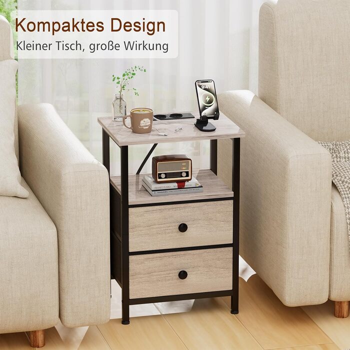 Нічний столик AMHANCIBLE з підзарядкою, приліжний столик з висувними ящиками з тканини, журнальний столик з відкритою полицею, з 2 USB-портами та 2 розетками, для спальні, вітальні, сірий HETS020GY-1