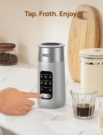Електричний спінювач молока Dreo 8-в-1 для лате-арт, 270 мл, з підігрівом, LED, сріблястий