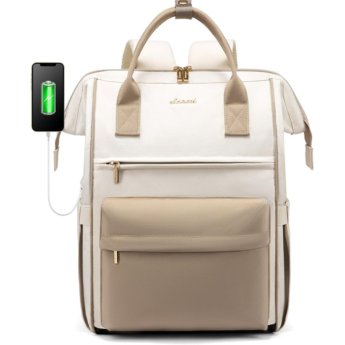 Сумка-рюкзак LOVEVOOK для жінок, велика, 17.3 дюйми, для ноутбука, роботи, подорожей, школи, університету, офісу, водовідштовхувальний, бежевий
