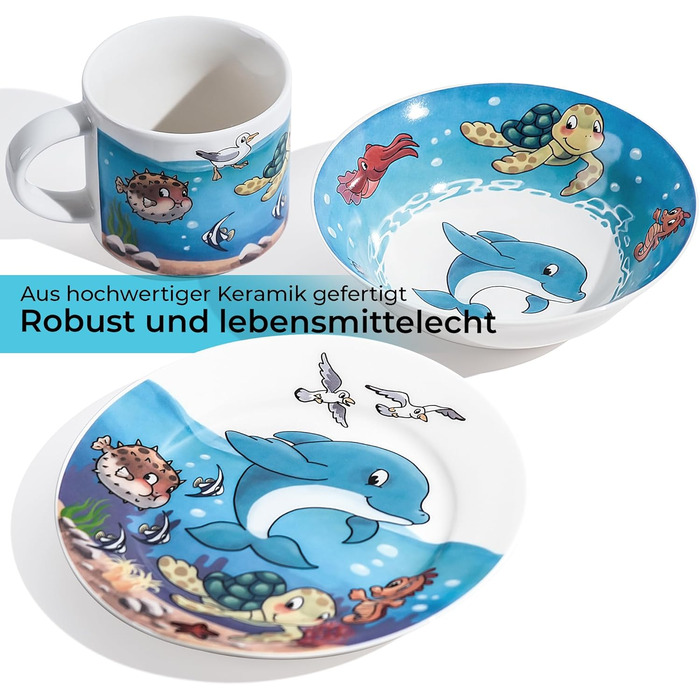 MIAMIO Набір дитячого посуду 3 шт. з порцеляни (Тарілка, Миска, Чашка) - Океан